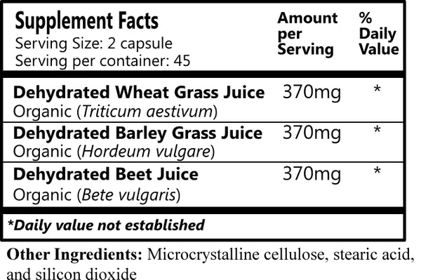 Power Caps (Organic Dehydrated Barely, Wheat Grass Juices and Dried Beets)